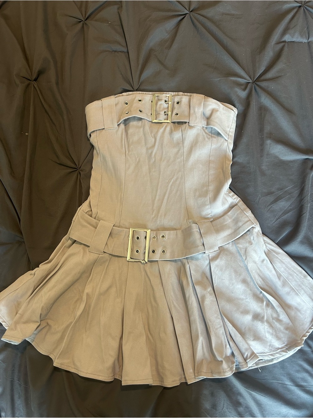 EGOStrapless Pleated Belted Mini Dress in grey